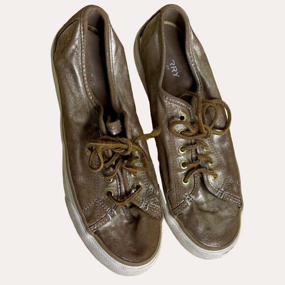 Sperry Seacoast Metallic Gold Sneakers Shoes Flats Leather Womens 7.5 bv - Picture 1 of 12